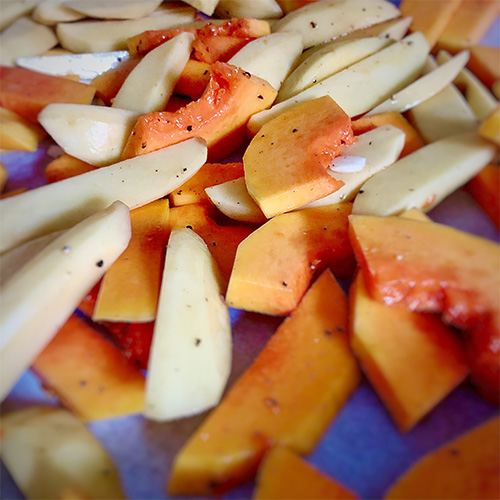 Rezept Ingwer-Kürbis vom Blech -Kartoffeln und Kürbis auf Blech
