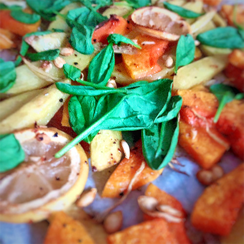 Rezept Ingwer-Kürbis vom Blech - Kürbis Spinat